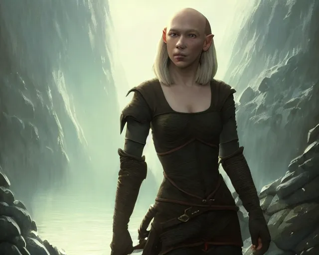 Image similar to highly detailed portrait of lea seydoux as a bald elf, in skyrim, stephen bliss, unreal engine, fantasy art by greg rutkowski, loish, rhads, ferdinand knab, makoto shinkai and lois van baarle, ilya kuvshinov, rossdraws, tom bagshaw, global illumination, radiant light, detailed and intricate environment