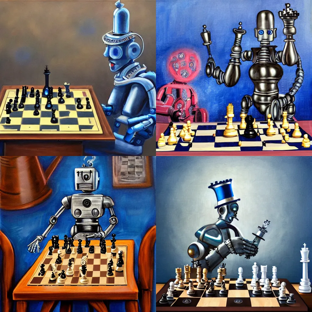Prompt: very smart robot playing chess sitting at the table, steampunk style, oil painting, blue colors