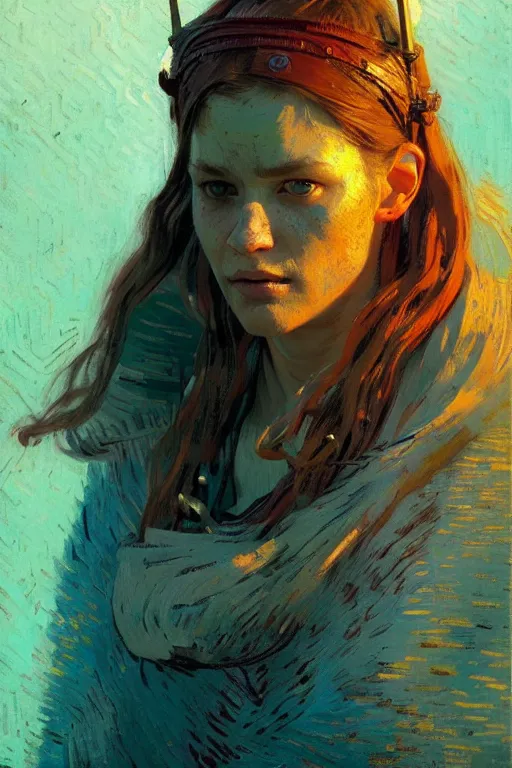 Prompt: portrait of a beautiful viking female, complementary colors, beautiful face, rule of thirds, intricate outfit, spotlight, by greg rutkowski, by jeremy mann, by francoise nielly, by van gogh, digital painting