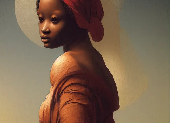 Image similar to a painting of a beautiful African woman by Leonardo da Vinci . dramatic angle, ethereal lights, details, smooth, sharp focus, illustration, realistic, cinematic, artstation, award winning, rgb , unreal engine, octane render, cinematic light, macro, depth of field, blur, red light and clouds from the back, highly detailed epic cinematic concept art CG render made in Maya, Blender and Photoshop, octane render, excellent composition, dynamic dramatic cinematic lighting, aesthetic, very inspirational, arthouse.