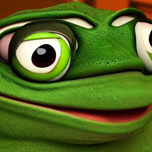 Image similar to Realistic pepe the frog alone and sad in his bedroom, cinematic perspective, studio shot, full hd