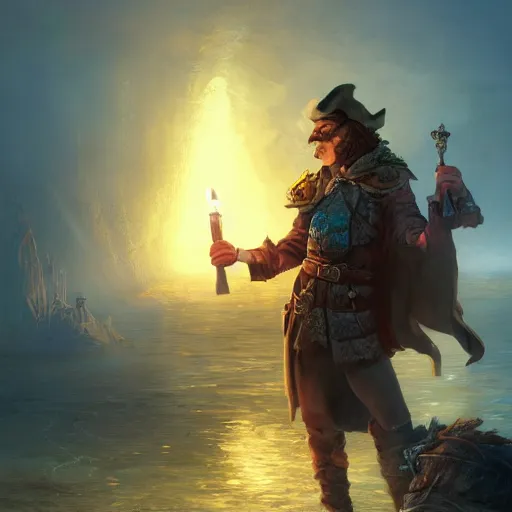 Prompt: concept art of a swashbuckler holding a candle holder discovering a sunken city, wearing a cape, on a ship, highly detailed, digital art, illustration, artstation, very detailed, 4 k