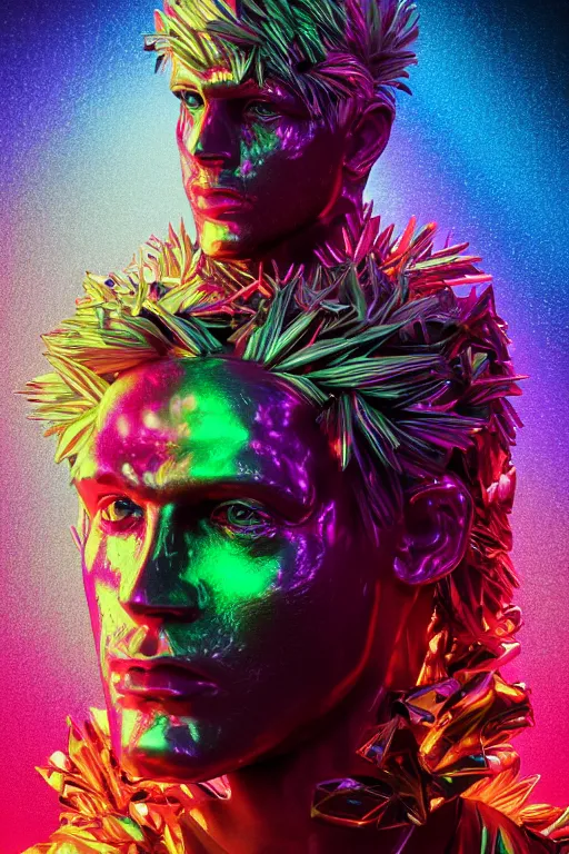 Prompt: hyper detailed ultra sharp portrait of baroque and bladerunner delicate neon ruby sculpture of seductive albino william levy gorilla green radioactive humanoid deity wearing metallic hoody made out of leaves holding the sun prismatic dungeon, glowing rainbow face, crown of white diamonds, cinematic lighting, photorealistic, octane render 8 k depth of field 3 d