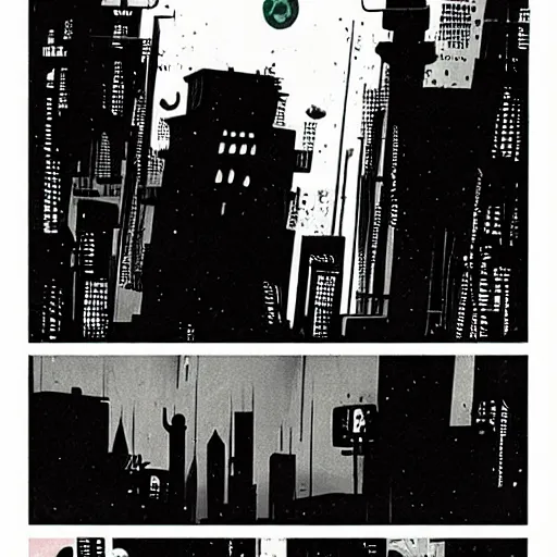 Image similar to cyberpunk city noir by dave mckean and mike mignola