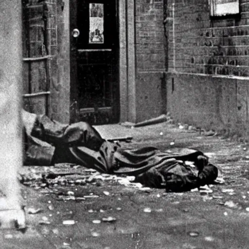 Image similar to retro photograph of a crime scene of the serial killer Jack the Ripper, unsettling, creepy, horrific, gruesome