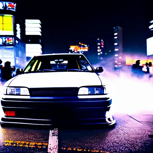 Image similar to a car JZX100 turbo drift at illegal car meet, Shibuya prefecture, midnight mist lights, cinematic color, photorealistic, highly detailed wheels, highly detailed