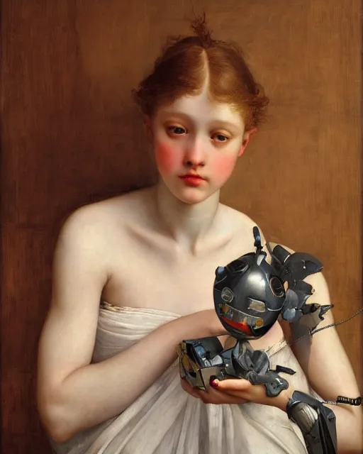 Prompt: a beautiful girl holding a toy robot, by edgar maxence and caravaggio and michael whelan and delacroix style, artistic, intricate drawing, light brazen, realistic fantasy, extremely detailed and beautiful aesthetic face, 8 k resolution, dramatic lighting