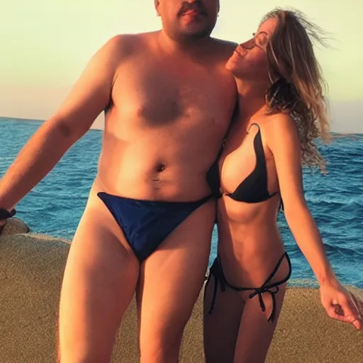 Image similar to photo of a 4 0 year old man that looks young for his age dating a very attractive and completely legal 1 8 year old woman wearing a bikini.