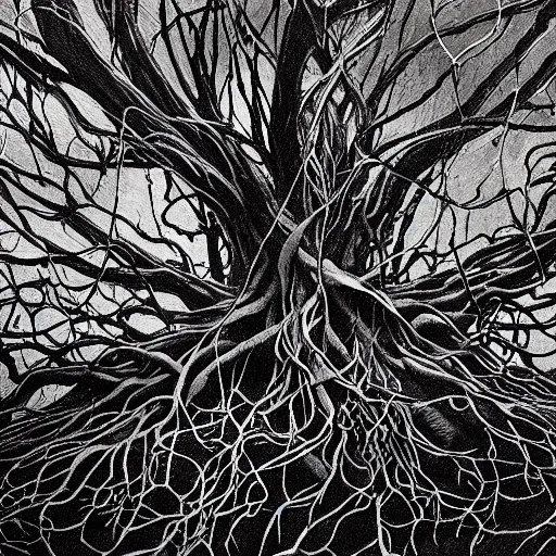 Image similar to award - winning painting of pitch black, tar - like, shadow roots with lots of tendrils spreading everywhere, intricate detail, deep black roots, infestation, shadowy, lovecraftian, beksinksi, black and white, chiaroscuro