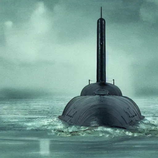 Prompt: a realistic soviet era submarine launching in deep murky water, flat, matte, propganda poster, thalassophobia