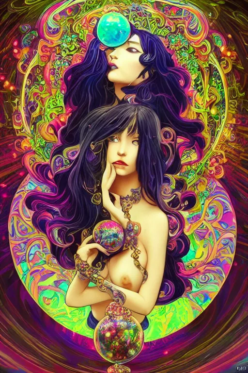 Image similar to psychedelic, acid trip, intricate, highly detailed, anime, 4k, beautiful seductive slime girl holding a huge orb containing the universe, with professional makeup, long trippy hair, surrounded by gems, underneath the stars, trending on patreon, deviantart, twitter, artstation, volumetric lighting, heavy contrast, by artgerm and Ilya Kuvshinov and alphonse mucha, interstellar galaxy