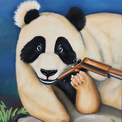 Image similar to an oil painting of a crying panda wearing overalls licking a shotgun