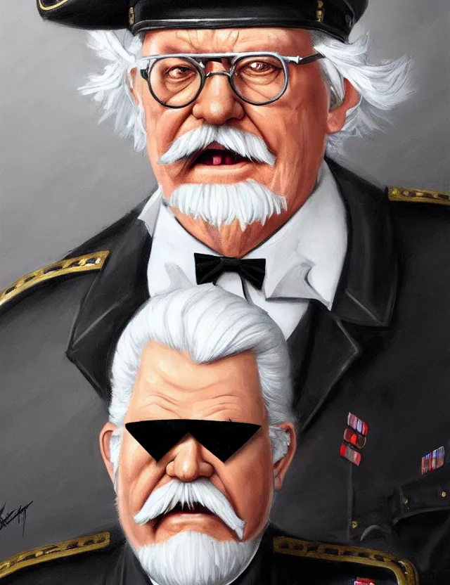 Image similar to a portrait of colonel sanders wearing a military uniform and a black eyepatch over his left eye, by moebius and tyler edlin and hr giger, trending on artstation, digital art, 4 k resolution, detailed, high quality, sharp focus, hq artwork, coherent, insane detail, concept art