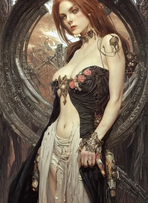 Image similar to portrait of beautiful pale gothic maiden, warhammer 40000, cyberpunk, intricate, elegant, highly detailed, digital painting, artstation, concept art, smooth, sharp focus, illustration, art by artgerm and greg rutkowski and alphonse mucha and Gustav Klimt