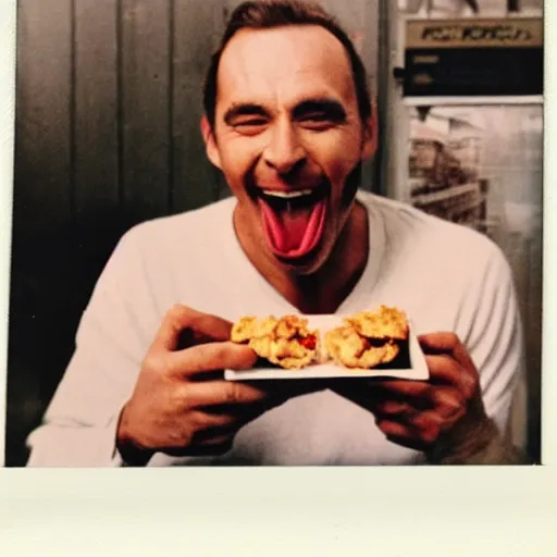 Image similar to polaroid photo of the happiest man in the world eating kfc