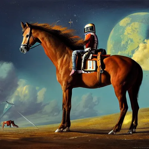 Image similar to a horse on top a man, a horse carried by a astronaut, hyperrealism, no blur, 4 k resolution, ultra detailed, style of ron cobb, adolf hiremy - hirschl, syd mead, ismail inceoglu, rene margitte