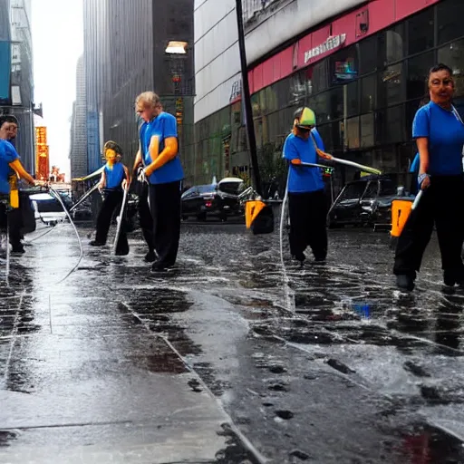 Image similar to a group of cleaners with mops fighting puddles in rainy new york street