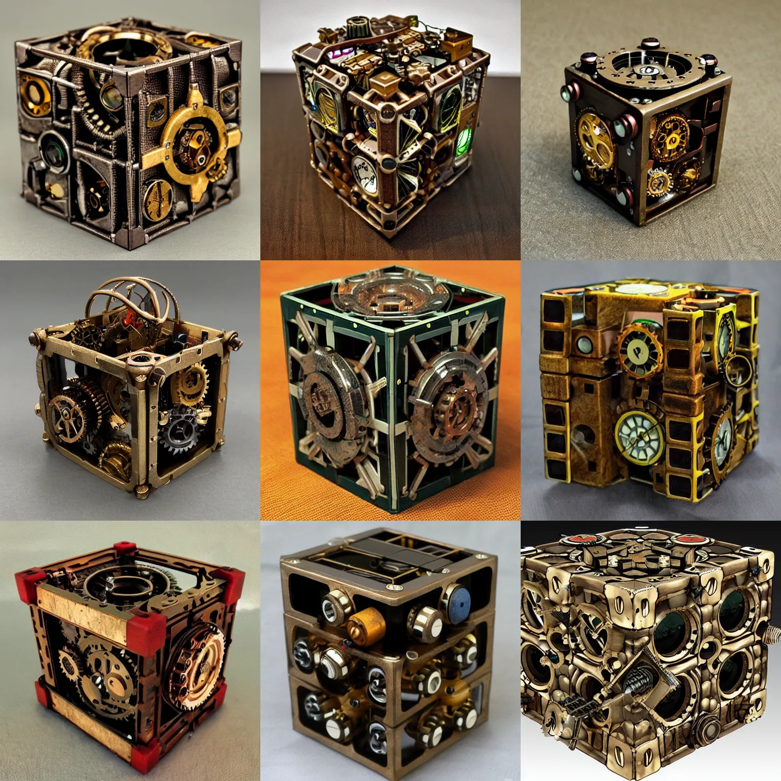 Prompt: Highly detailed mechanical cube, solarpunk steampunk