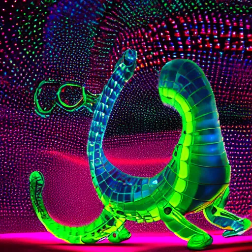 Prompt: portrait of a plasma energy tron murano candy glass dinosaur. made up of glowing swirling electric pixels. tron world background. photo still by annie liebowitz