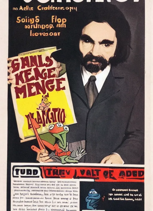 Image similar to vintage magazine advertisement depicting charles manson hosting the muppet show