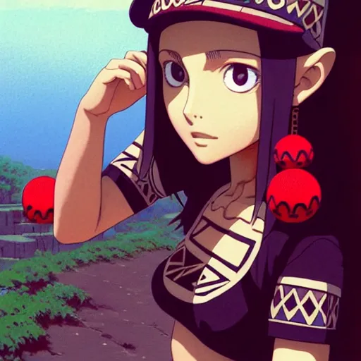 Image similar to beautiful boyish natalie portman alluring gravure model in majora's mask, wearing wooden mask and baseball cap and leotard, street wear with subtle mayan patterns, aztec bathing suit, gapmoe yandere grimdark, trending on pixiv fanbox, painted by greg rutkowski makoto shinkai takashi takeuchi studio ghibli, akihiko yoshida