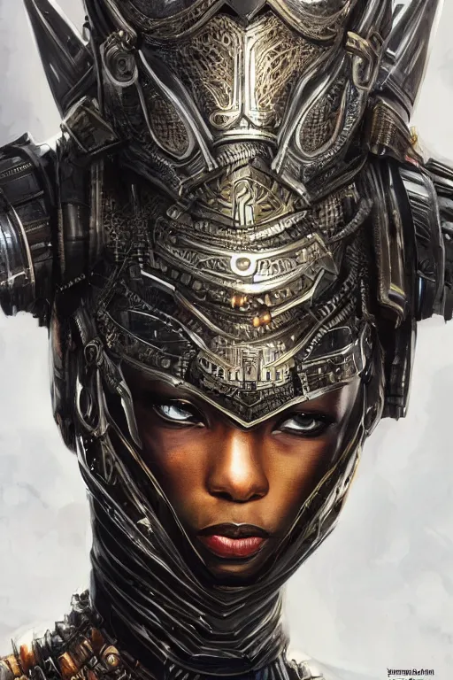 Prompt: closeup hd portrait, ultra realistic illustration, wakandan warrior in a steampunk style armor, hacknaut cyberpunk, sci - fi, fantasy, intricate, elegant, highly detailed, digital painting, artstation, concept art, smooth, sharp focus, illustration.