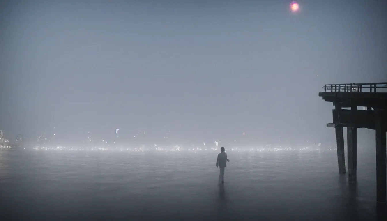 Prompt: 80s asian neon movie still with a lone man levitating over a pier by the river on early morning with city lights behind his back, Fog raising from river, Fallen angels movie still. hyperrealistic, photorealistic, high definition, medium format photography, highly detailed, tehnicolor, anamorphic 50mm lens