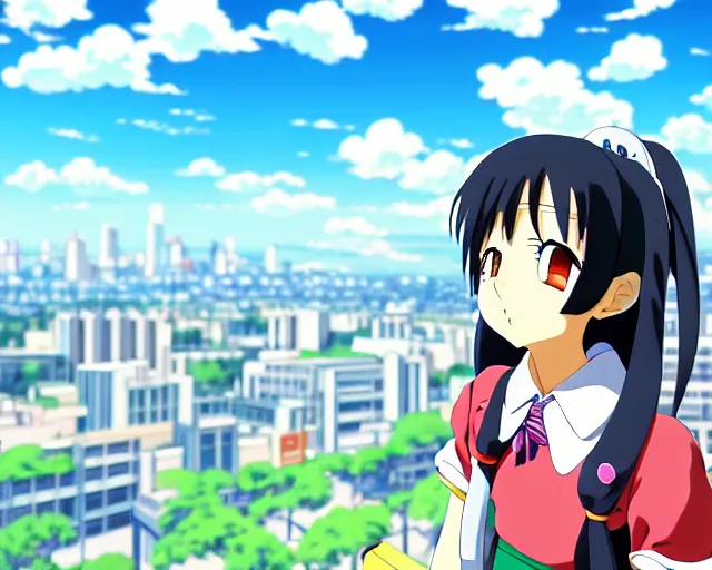 Image similar to anime fine details portrait of joyful school girl and big robot, city landscape on the background deep bokeh, profile close-up view, anime masterpiece by Studio Ghibli. 8k, sharp high quality anime
