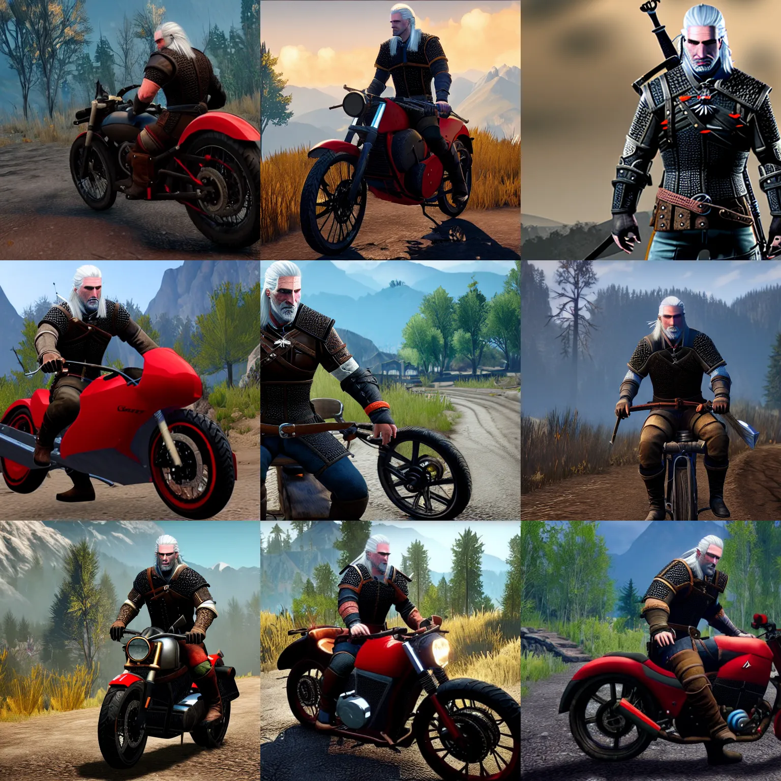 Prompt: geralt from witcher 3 rides red sports bike