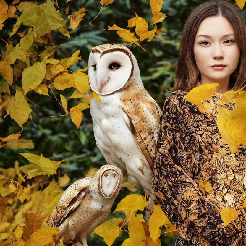 Prompt: portrait photograph of an extremely beautiful!!!! young female , symmetric face!, symmetric round detailed eyes!!, slight smile, natural light, wearing a yellow kimono!! with a very detailed barn owl! on her shoulder in a tropical greenhouse. looking at the camera!!. golden crown made of golden leaves. super resolution. Extremely detailed. Graflex camera!, bokeh!!!!!.