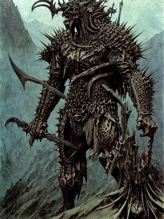 Image similar to A powerful large fanged orc with pale skin covered in scars stands near the mountains, wearing spiky complex detailed armor without a helmet. Extremely high detail, realistic, fantasy art, scars, solo, masterpiece, saturated colors, art by Zdzisław Beksiński, Arthur Rackham