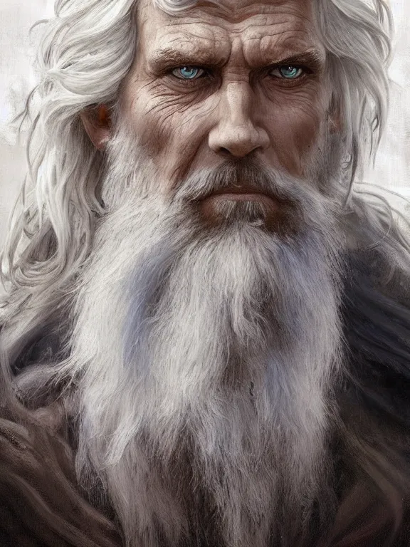 Prompt: painted portrait of rugged odin, god of death, norse god, white hair, masculine, mature, handsome, upper body, blue and silver, muscular, hairy torso, fantasy, intricate, muscular, elegant, highly detailed, digital painting, artstation, concept art, smooth, sharp focus, illustration, art by gaston bussiere and alphonse mucha