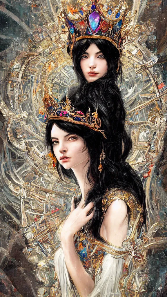 Image similar to painting of a beautiful black haired woman with pale skin and a crown on her head sitted on an intricate metal throne, illustration, artistic, colorful, hyper detailed, in the style of greg rutkowski,