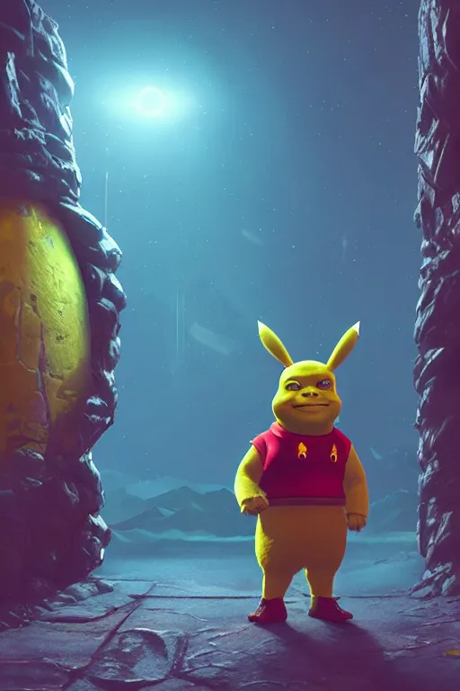 Prompt: portrait of Shrek dressing up as Pikachu, rule of thirds, captivating glowing lights, Star Trek setting, on Cyberpunk Mars, photo realistic by Yaşar VURDEM , artstation, unreal engine, character concept art by Moebius, high quality printing