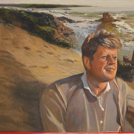 Prompt: portrait of john f kennedy, wrinkled, grey hair, handsome, hawaiian shirt, sitting in chair, landscape of nantucket beach, dunes, ocean, bluff, oil on canvas by william sidney mount - 1 9 8 2, trending on artstation