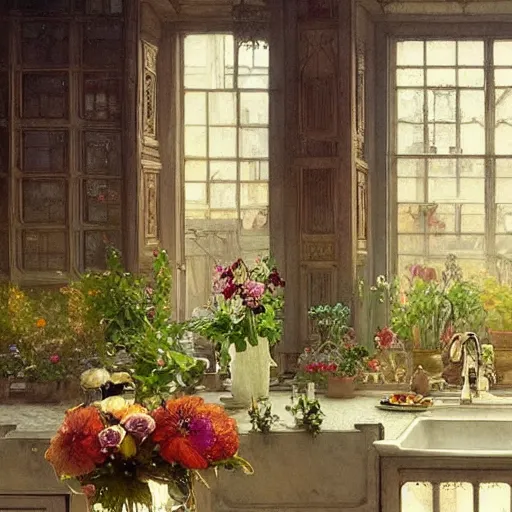 Image similar to a beautifull intricate watercolour painting of a victorian kitchen with many flowers, reflexions, verry high details by william turner art, greg rutkowski and alphonse mucha, trending on artstation, very very detailed, masterpiece,