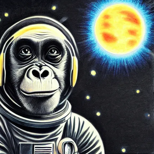 Image similar to pencil art, realistic self portrait, astronaut with a chimpanzee, psychedelic, solar eclipse.