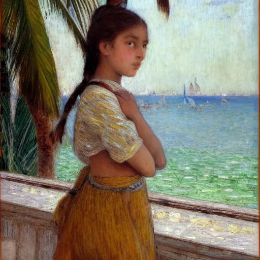 Image similar to a ultradetailed beautiful painting of a girl in the amazonas palace balustrade designed by jules bastien - lepage, tarsila do amaral, frank weston and gustave baumann, beach, trending on artstation, mediterranean, palm trees, detailed face, sharp focus, soft light, 8 k 4 k