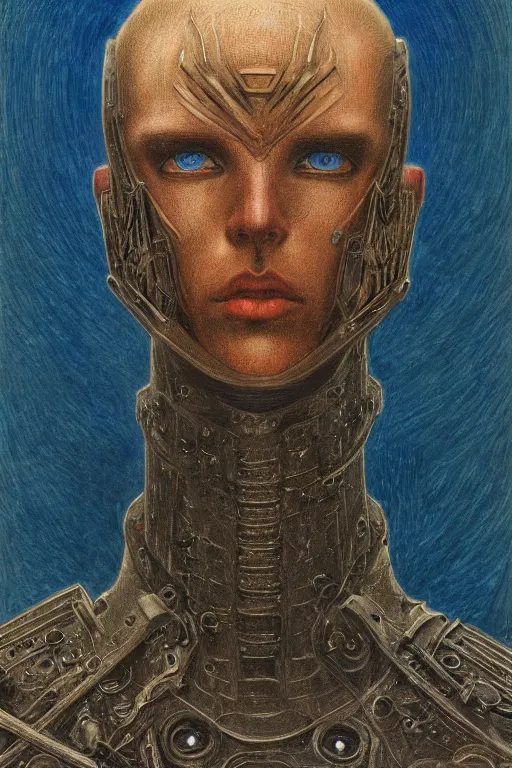 Image similar to portrait of beautiful gothic and futuristic young man, warhammer, cyber armor, a lot of scars, thunderstorm and fire, blue head, the middle ages, highly detailed, artstation, illustration, more and more composision, 8 k quality, art by jean delville, max ernst