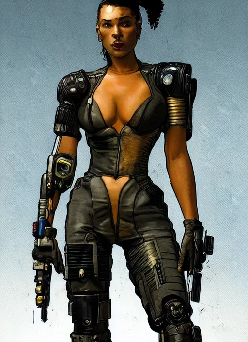 Image similar to sonya igwe. cyberpunk mercenary in tactical harness and jumpsuit. dystopian. portrait by stonehouse and mœbius and will eisner and gil elvgren and pixar. realistic proportions. cyberpunk 2 0 7 7, apex, blade runner 2 0 4 9 concept art. cel shading. attractive face. thick lines. moody industrial setting.