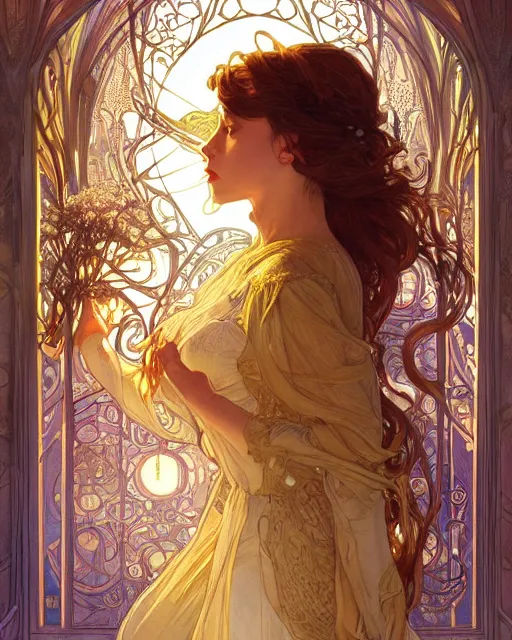 Prompt: secret romance, highly detailed, very intricate, art nouveau, gold filigree, romantic storybook fantasy, soft cinematic lighting, award - winning, disney concept art watercolor illustration by mandy jurgens and alphonse mucha and alena aenami, pastel color palette, featured on artstation