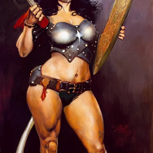 Image similar to a frank frazetta oil painting of selina gomez as a beautiful muscular salma hayek wearing black armor holding a large battle axe, dynamic shot, hd 4 k, intricate, highly detailed, atmospheric, sharp