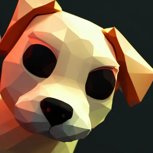 Prompt: warm cute low poly dog pixar disney cuddle close up dramatic warm lighting