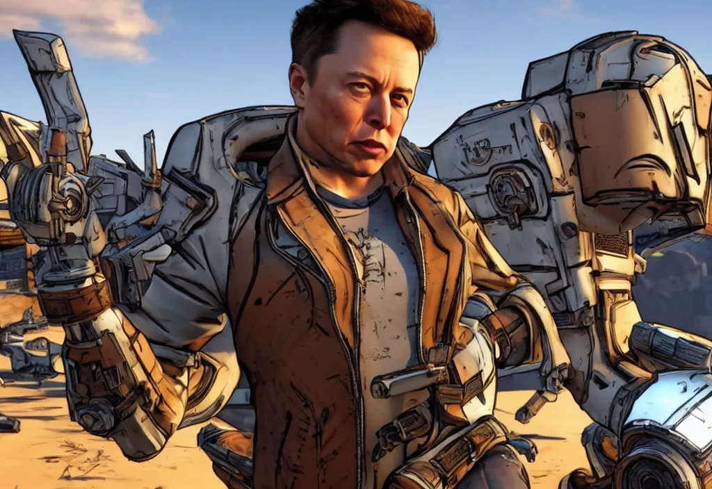 Image similar to elon musk in borderlands elon musk in the video game borderlands, gameplay screenshot, close up, 3 d rendering. unreal engine. amazing likeness. very detailed.