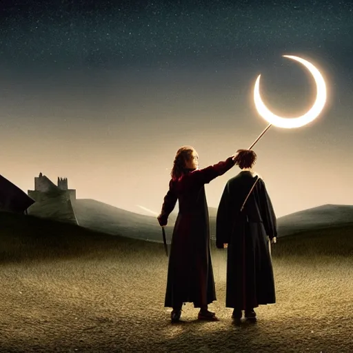 Image similar to Harry potter riding a broomstick, back view, cinematic shot, movie still, nighttime, motion lines, photorealistic, intense scene, visually coherent, symmetry, rule of thirds, movement, vivid colors, crescent moon, Tooth Wu, Asher Duran, Greg Rutkowski, Minor Blur, 8k