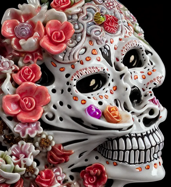 Image similar to La Catrina, A Close up photo-real delicate ceramic porcelain sculpture of a symmetrical ornate detailed in front of an intricate background by Victo Ngai and takato yamamoto, micro detail, backlit lighting, face in focus, subsurface scattering, translucent, thin porcelain, octane renderer, colorful, physically based rendering, japanese pottery, trending on cgsociety