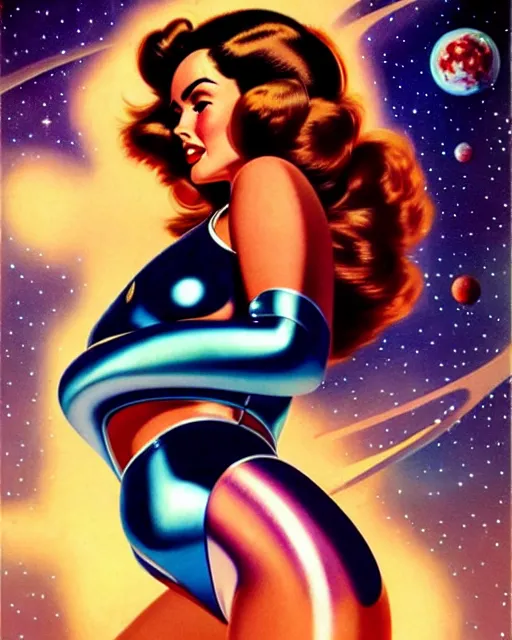 Image similar to closeup beautiful retro space megan fox posing with a chrome robot in diesel punk city at night, pinup, windblown dark hair, seductive, hyper detailed, digital art, smooth, sharp focus, gil elvgren, anna dittmann alberto vargas, 1 9 5 0, when mars attacks