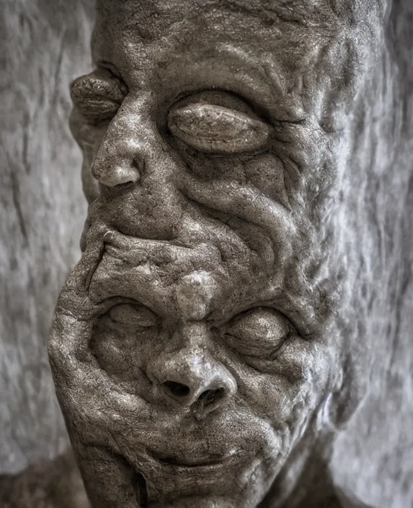 Image similar to weird statue close up in a dark room, creepy and eerie athmosphere, mist, photorealistic, hd,