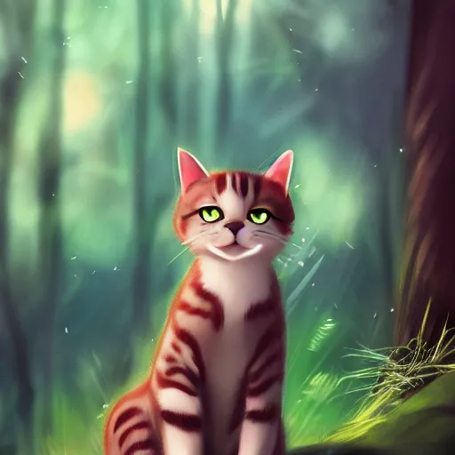 Image similar to portrait of a cat in a forest, by kawacy, sunlight, trending on pixiv, bokeh, furry art, anime, dramatic lighting, digital art