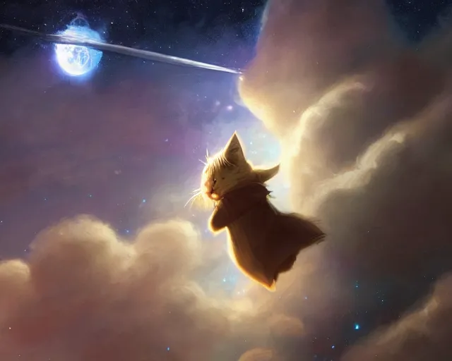 Image similar to one cartoonish kitty dressed as Gandalf floating alone in space, bright stars, anime, a fantasy digital painting by Greg Rutkowski and James Gurney, trending on Artstation, highly detailed